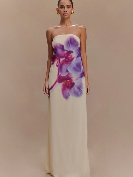 Meshki Dresses & Skirts - Meshki Cream Strapless Maxi Dress with Purple Floral Print